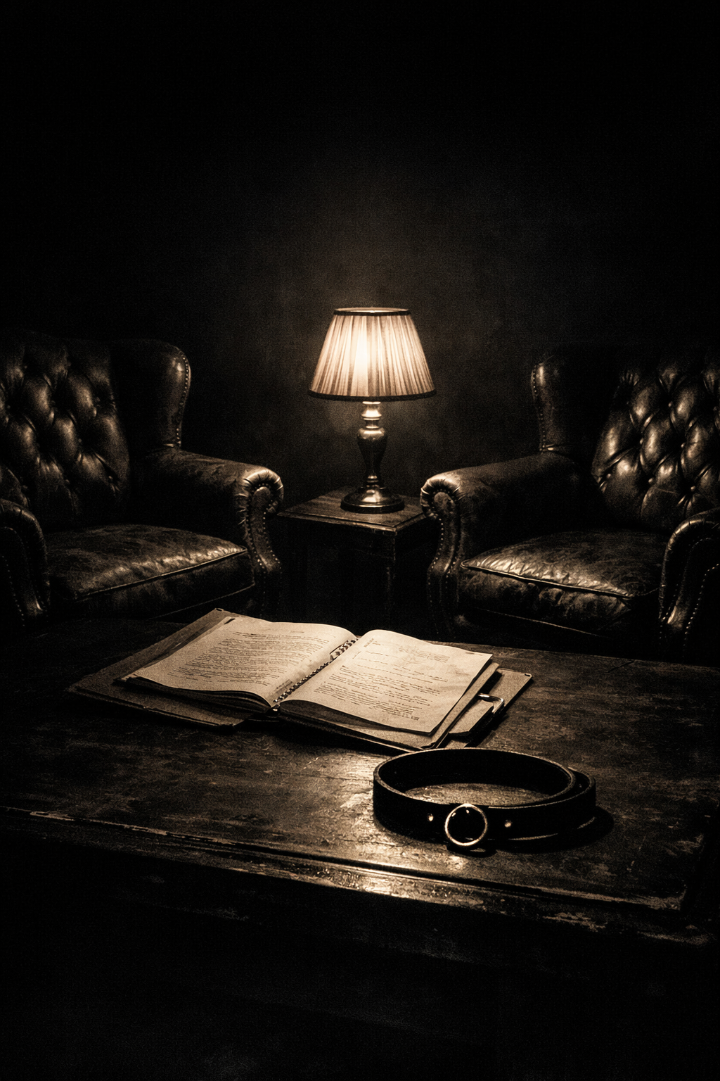 Editorial portrait, dramatic chiaroscuro lighting, two old leather armchairs facing each other in an undefined dark space, a single warm lamp between them. On the table: an open case file. Sarah sits implied - present only as a concept, not visible. Black choker with silver O-ring lies on the table as a subtle focal object. Atmosphere: Vienna 1920s meets timeless psychological tension. No people visible, only the chairs and objects. High contrast, black and white with warm amber tones.