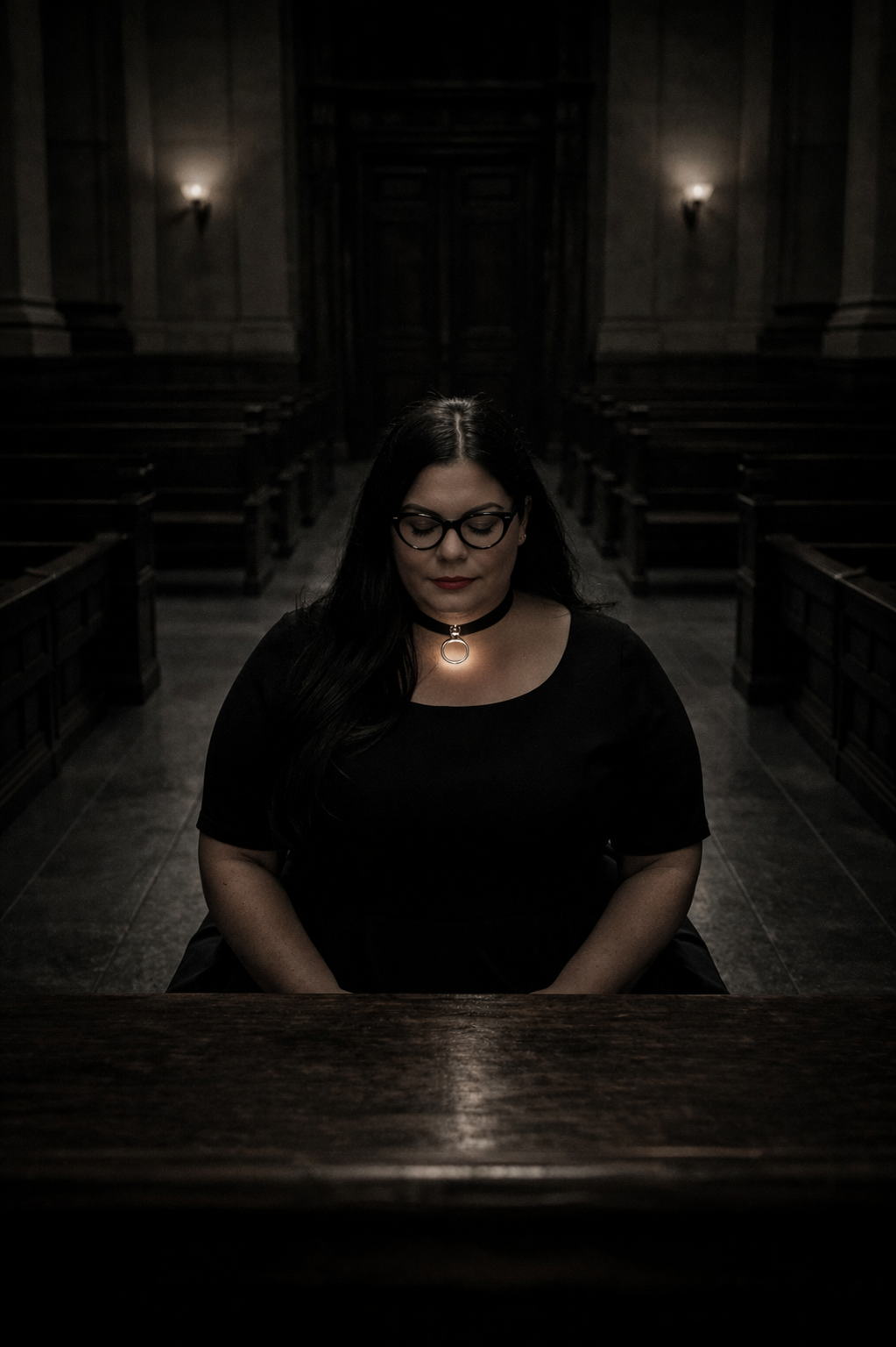 Editorial portrait photography. A dimly lit, empty courtroom at night. Sarah sits alone at the center, facing an imposing, vacant judge's bench draped in shadow. She wears a simple dark dress; around her neck, a black leather collar with a silver O-ring catches the only warm light in the room. Her posture is neither defeated nor triumphant - still, inward, present. Stone walls. Long shadows stretching like silent witnesses. The mood is literary, cinematic, intimate. No other figures. The emptiness of the hall is the subject. High contrast, chiaroscuro lighting. Photorealistic, editorial quality.