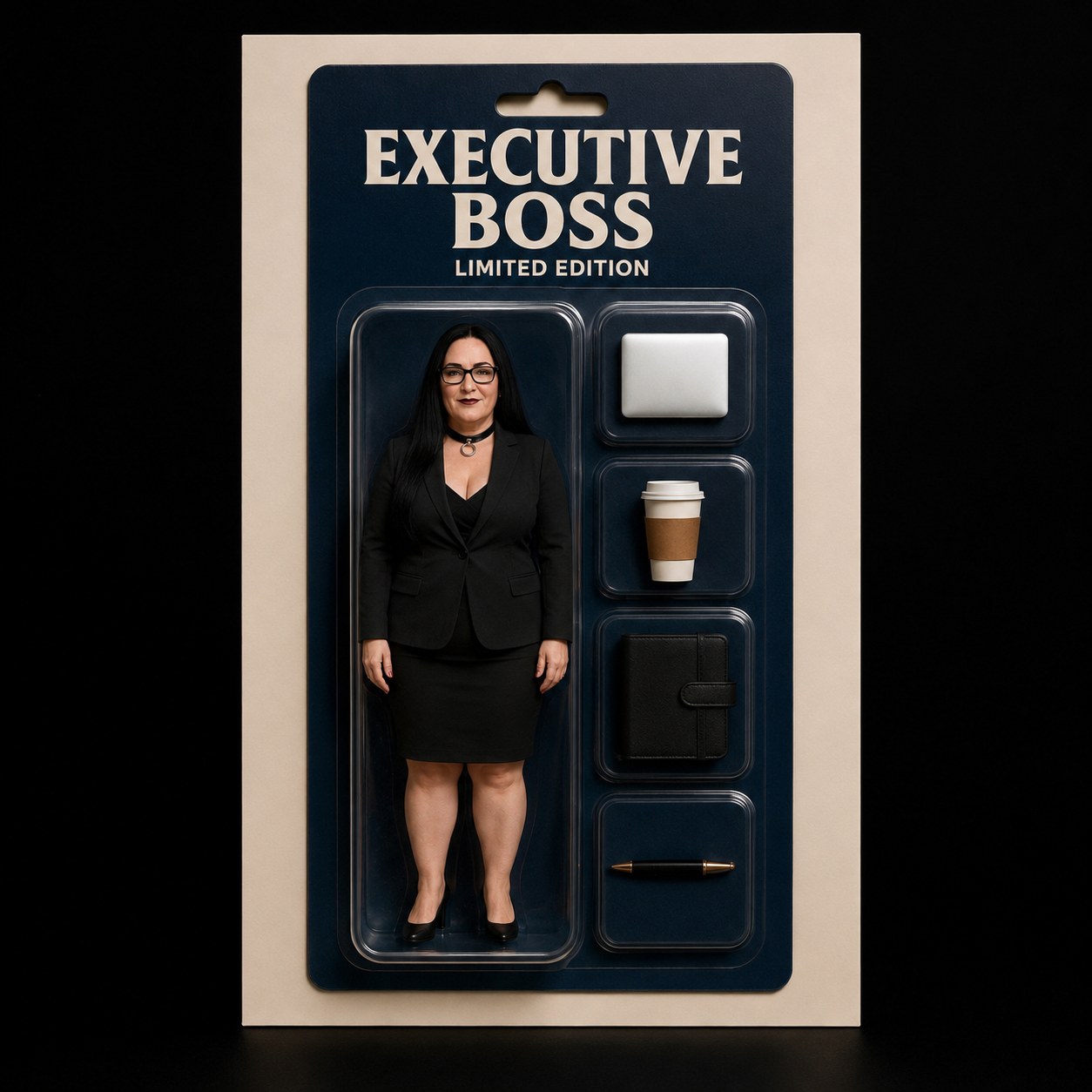 Sarah Jessica Mewes als Executive-Boss-Actionfigur in einer dunkelblauen Blisterverpackung mit Laptop, Kaffeebecher, Organizer und Stift.