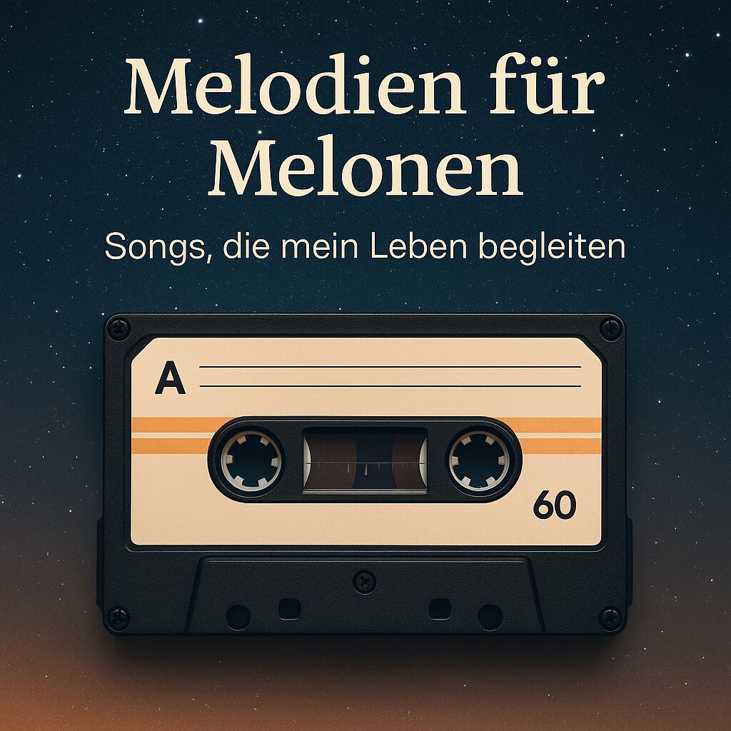 Titelbild „Melodien für Melonen – Songs, die mein Leben begleiten": eine Audiokassette vor sternenklarem, bernsteinfarbenem Hintergrund.