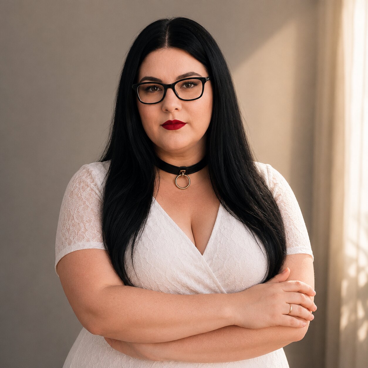 Sarah Jessica Mewes im weißen Spitzenkleid mit schwarzem Halsband und goldenem O-Ring, Arme verschränkt, würdevoller Blick – Beitragsbild zu Objekt-Sein: Würde im Kontrollverlust
