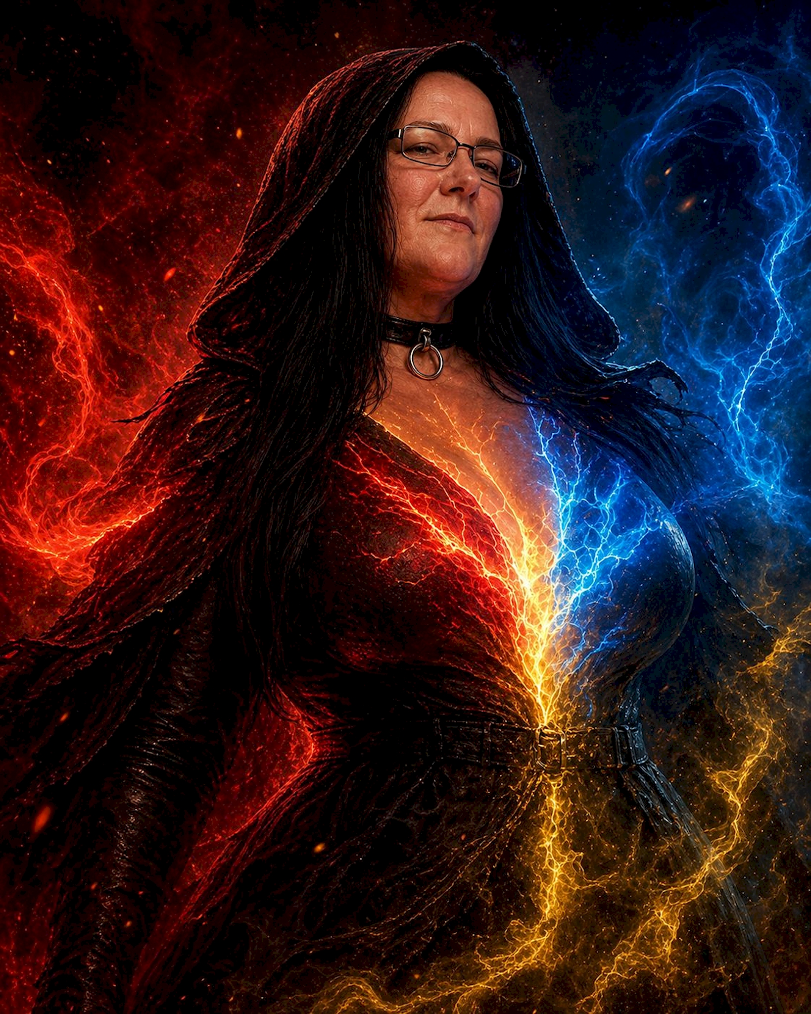 Digital gestaltetes Fantasy-Porträt von Sarah Jessica Mewes mit Kapuze, Brille und schwarzem Lederhalsband mit O-Ring, halb in rotem Feuer, halb in blauem Blitz vor kosmischem Hintergrund.