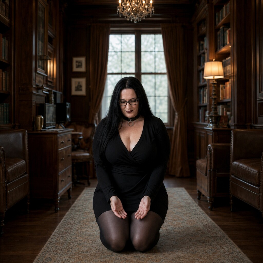 Sarah Jessica Mewes kniet in schwarzem Kleid und Halsband in einem dunklen Bibliothekszimmer, den Blick gesenkt und die Hände geöffnet.
